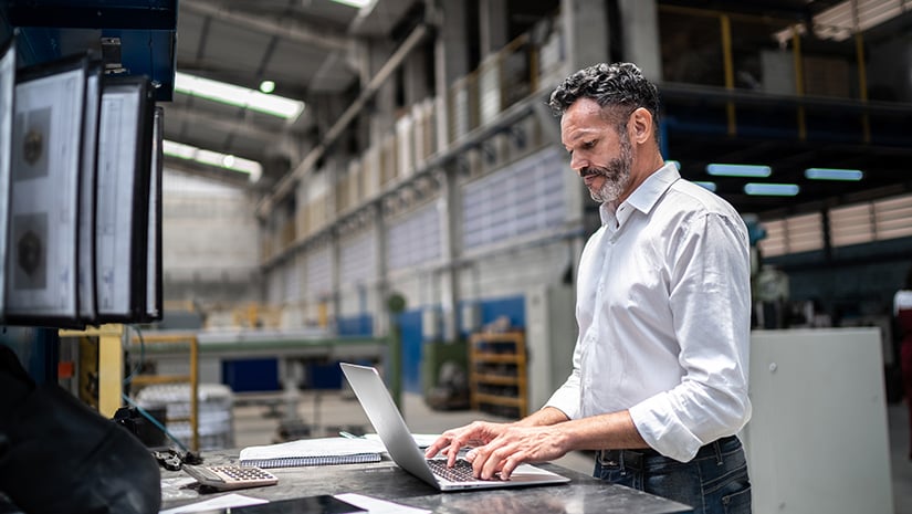 Mature businessman using laptop in a factory